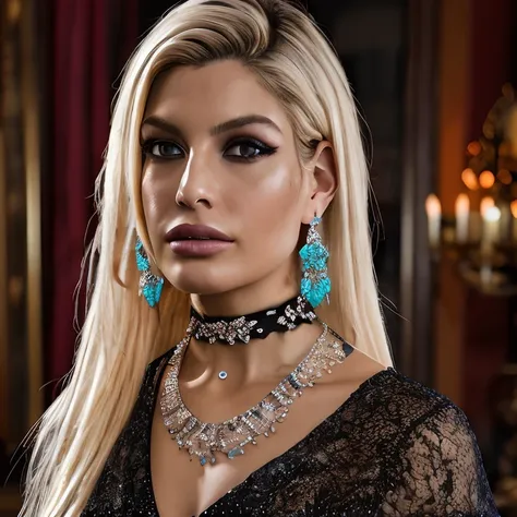 (masterpiece:1.2), (best quality,:1.2), 8k, HDR, ultra detailed, ((photorealistic)), professional light, cinematic lighting, fashion photography, ambient lighting, face lighting, Bridgette, <lora:Bridgette-10:1>, earrings, choker, necklace, messy and long ...