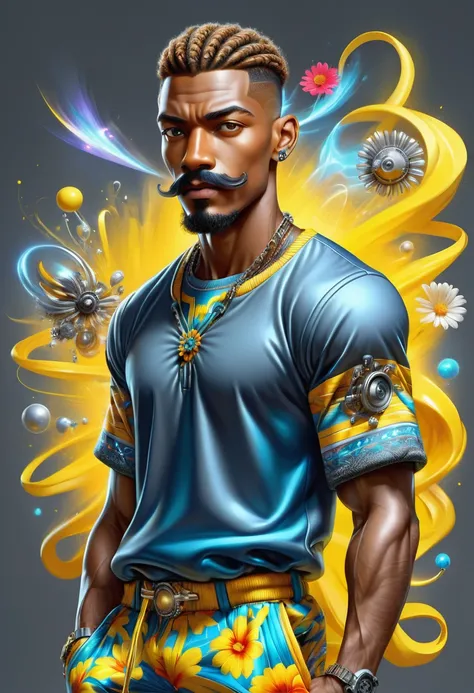 hyper detailed masterpiece, dynamic, awesome quality, DonMFmaXL male legal age balanced, african, steel gray eyes, narrow chin, round face shape, athletic triceps, zappa mustache , ginger high fade hair, interest wearing floral terry cloth diary...