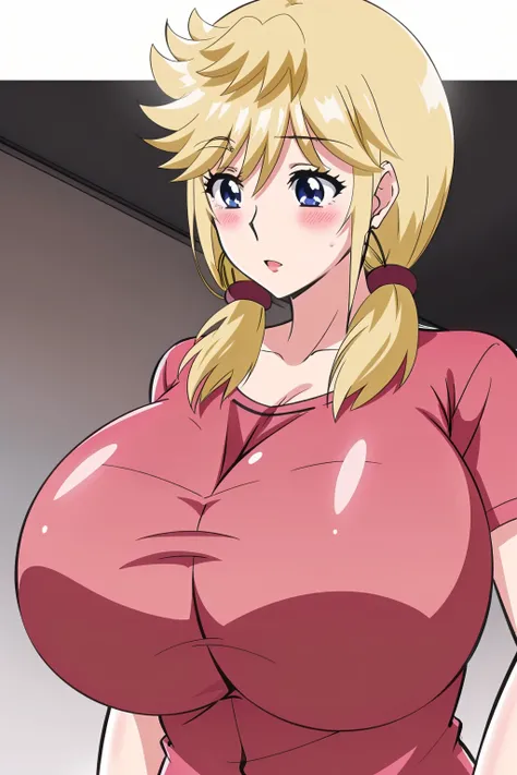 (best quality:1.3),  (masterpiece:1.3)hitogal, 1girl, blush, <lora:hitozumagal-10:0.7> gigantic breasts, blondewig, pink shirt,