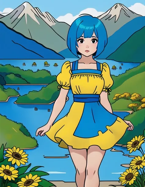 1girl, blue bobcut hair, yellow drees, street, lake, flowers, mountains, <lora:kkw-better-v1.0a:0.38>, kkw-sc, <lora:kkw-simplechara-v1.0a:1>