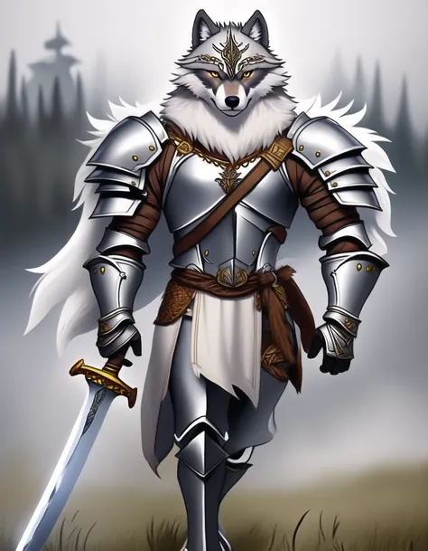 anthropomorphic wolf 1010 knight wearing fantasy armor, holding a sword, soft focus, soft light, foggy landscape, amazing detail, realistic fur, looking at camera, <lora:kkw-better-v1.0a:0.38>, kkw-sc, <lora:kkw-simplechara-v1.0a:.8>