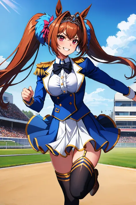 (masterpiece, best quality:1.2), solo, 1girl, daiwadef, grin, running, twintails, tiara, horse ears, v-shaped eyebrows, underbust, center frills, bowtie, epaulettes, long sleeves, skirt, thighhighs, horse tail, racetrack <lora:umamusume_daiwascarlet-10:1>