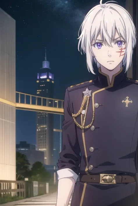 allenwalker, <lora:allen walker hallow s1-lora-nochekaiser:1>,
allen walker, (purple eyes:1.1), white hair, male focus, scar, facial mark,
BREAK uniform, military, military uniform,
BREAK outdoors, city, starry sky, night, moon,
BREAK looking at viewer, (c...