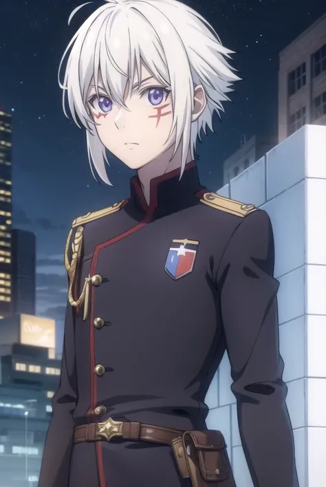 allenwalker, <lora:allen walker hallow s1-lora-nochekaiser:1>,
allen walker, (purple eyes:1.1), white hair, male focus, scar, facial mark,
BREAK uniform, military, military uniform,
BREAK outdoors, city, starry sky, night, moon,
BREAK looking at viewer, (c...