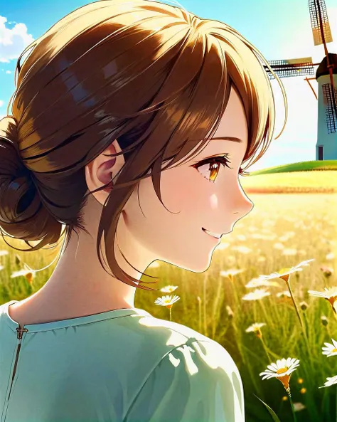 brown hair, , ,  . , smile, profile face, at panoramic background scenery of a field and windmill. yuri cutie,  ultrarealistic, ,  white theme. 1girl, solo, accurate shading, 40mm ultradetailed skin pores, shiny skin, hentai body, sidelighting, film grain,...