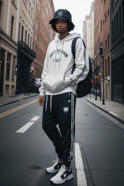 a portrait of beautiful Graphic hoodie, joggers, sneakers, bucket hat, backpack