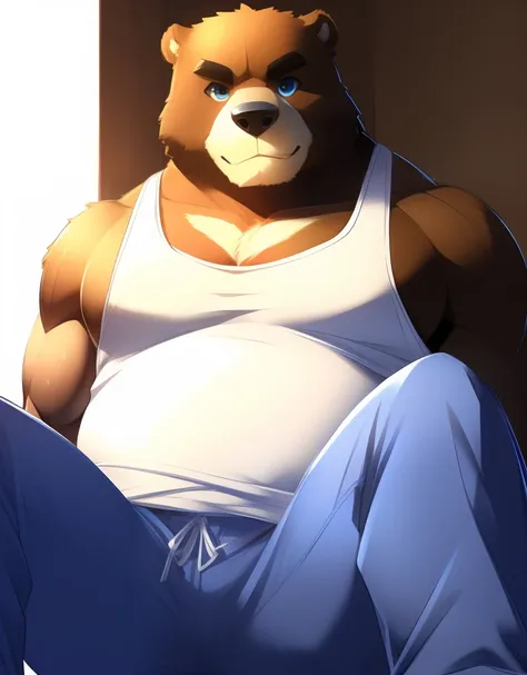 (((detailed eyes, detailed face))), (bara, juuichi <lora:character_juuichi_findigo_v3:1>, bear, short hair, black eyes), male, (solo), (plump, fat, chubby, overweight), (white tank top, blue pants), sitting, (arms behind back), smile BREAK (konzaburou, uka...