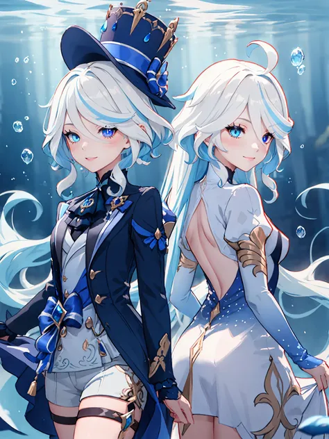(best quality, masterpiece:1.2), furina (genshin impact) on the left and focalors (genshin impact) on the right, (2girls, back-to-back:1.2),underwater, floating hair, depth of field, looking at viewer, smile ADDCOMM 1girl, furina (genshin impact), heteroch...