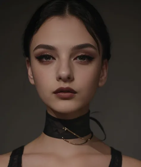 d3vcas looking at viewer, simple background, black hair, closed mouth, choker, black eyes, lips, makeup, black choker, portrait, Ultra-HD-details
