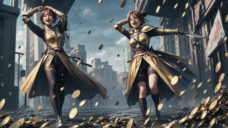<lora:that is me:0.3>, 1girl,solo, (running Lady Knight, raining gold coins from the sky, gold coins crashing down on the head of the female knight, the female knight holding her head in delight, grand epic scene):1.6, beautiful face,long hair,cinemagraph,...