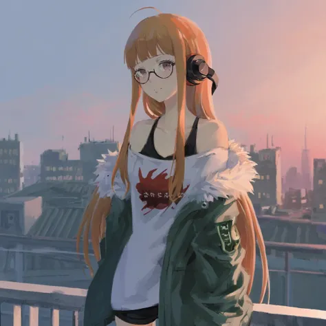 Digital art, masterpiece, a very detailed and professional screenshot, a halfbody portrait, A girl Sakura Futaba standing on rooftop wearing headphone <lora:futaba_xl-000018:1>