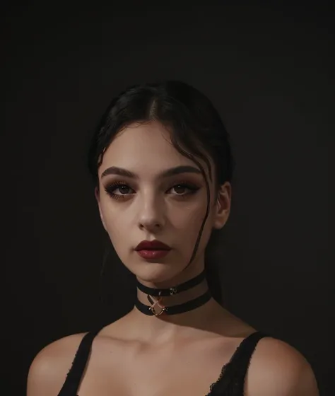 d3vcas looking at viewer, simple background, black hair, closed mouth, choker, black eyes, lips, makeup, black choker, portrait, Ultra-HD-details