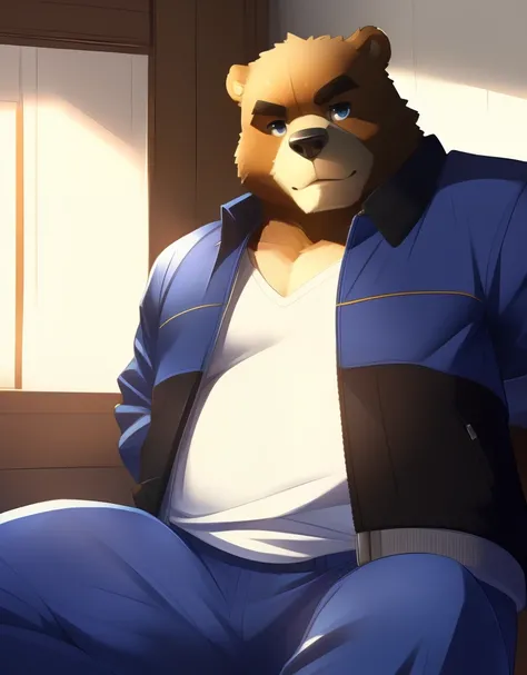 (((detailed eyes, detailed face))), (bara, juuichi <lora:character_juuichi_findigo_v3:1>, bear, short hair, black eyes), male, (solo), (plump, fat, chubby, overweight), (blue jacket, white shirt, blue pants), sitting, (arms behind back), smile BREAK (konza...