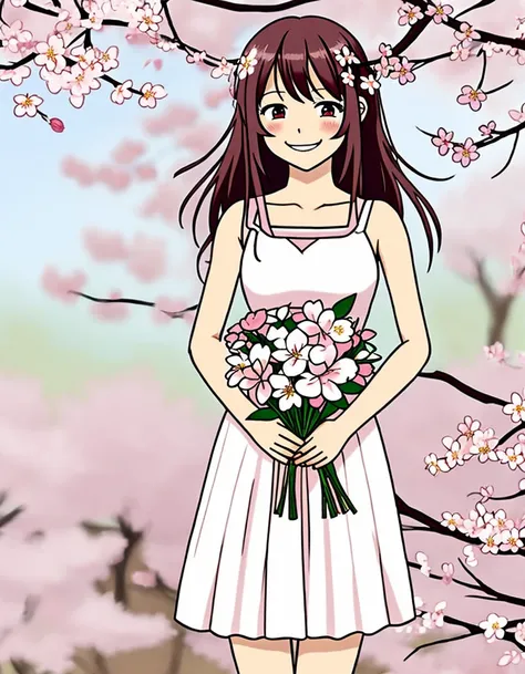 An anime girl with a shy smile, holding a bouquet of flowers in her arms. The background is a soft, pastel-colored garden with cherry blossom trees., <lora:kkw-better-v1.0a:0.38>, kkw-sc, <lora:kkw-simplechara-v1.0a:.7>