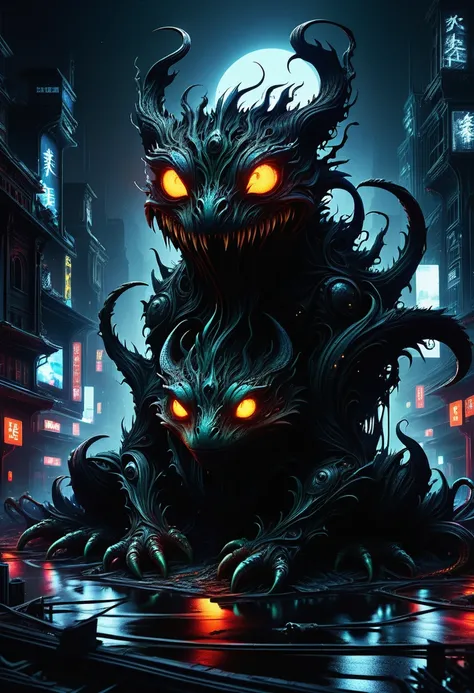 hyper detailed masterpiece, dynamic, awesome quality, DonMN1gh7D3m0nXL  dystopian cityscape changing season,amphibian, made of night demon  <lora:DonMN1gh7D3m0nXL-v1.1-000008:1>