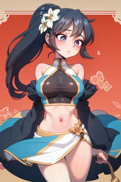 cowboy shot, solo, 1girl, tired, dark blue hair, short ponytail, bronze eyes, aqua crop top, Cymbidium (flower), floral background <lora:Strong_bana_style_v01:1>