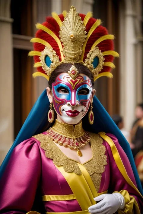 GTv2,An elaborate Venetian carnival scene with detailed masks and elegant costumes,