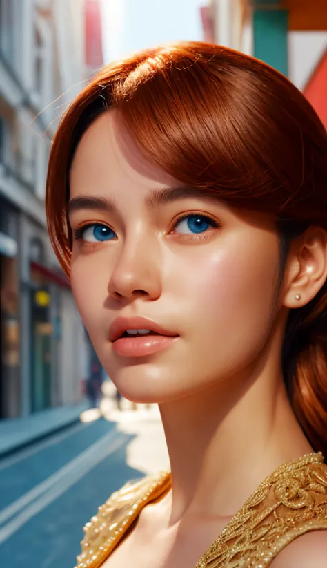 goldentrig,portrait of a pretty woman,walking through the city,close-up,anime, illustrated, intricate shading and color gradients for skin tones,
