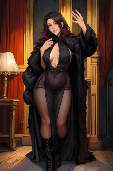 ((Masterpiece, best quality,edgQuality)),smile,excited,fur coat,
edgNoire, a woman in a black sheer dress and boots ,wearing edgNoire <lora:edgNoire1:0.6>, black dress,