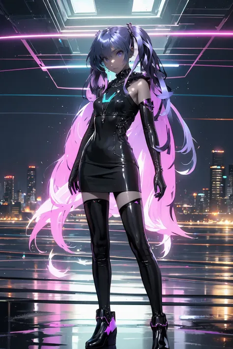 1girl,solo,full body,looking at viewer,long hair,hatsune miku,twintails,very long hair,(black dress:1.1),<lora:GhostRuleV1:0.6>,neck ribbon,elbow gloves,black black gloves,black thighhighs,blue hair,purple hair,purple eyes,(cyberpunk:1.5),(night:1.6),(stre...