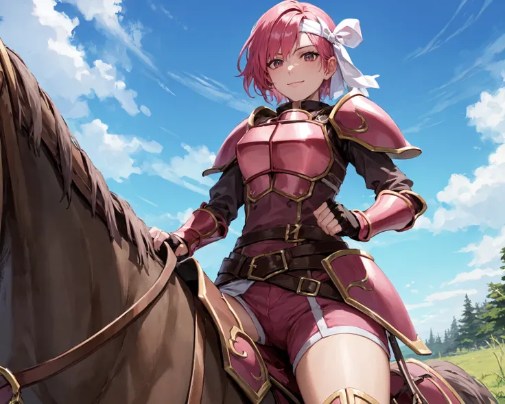 from below,light smile,<lora:cecilV3:0.85>,cecil,,(horse,riding a horse,saddle,reins:1),armor, dark pink hair,white headband,armored boots, shoulder armor,looking at viewer,fingerless gloves, pauldrons, gauntlets, breastplate,knee boots, greaves,pink short...