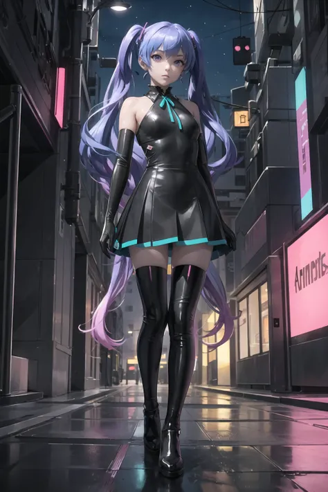 1girl,solo,full body,looking at viewer,long hair,hatsune miku,twintails,very long hair,(black dress:1.1),<lora:GhostRuleV1:0.4>,neck ribbon,elbow gloves,black black gloves,black thighhighs,blue hair,purple hair,purple eyes,(cyberpunk:1.2),(night:1.5),(stre...