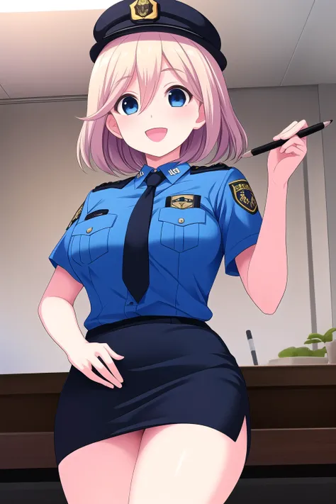 (masterpiece, best quality), highly detailed background, perfect lightingbest quality, mishimayurara, solo, indoors, policewoman, police hat, blonde hair, one side up, hair between eyes, short hair, blue eyes, blue shirt, black necktie, blue skirt, pencil ...