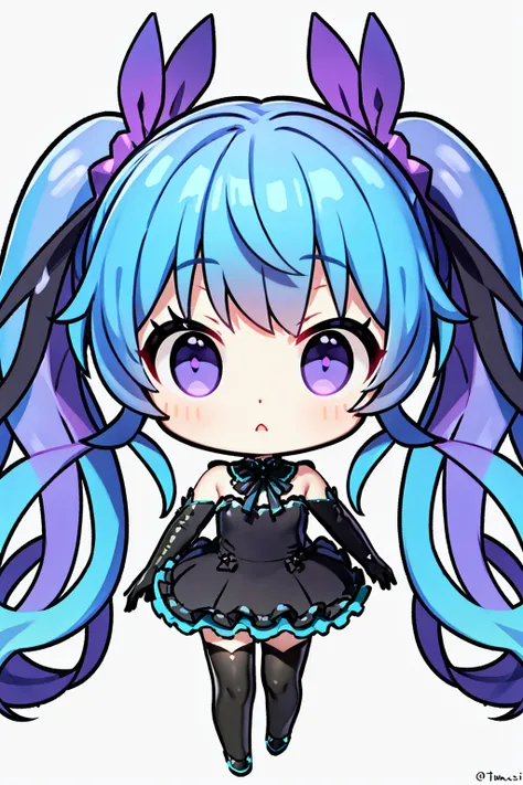 1girl,solo,full body,looking at viewer,long hair,hatsune miku,twintails,very long hair,(black dress:1.1),<lora:GhostRuleV1:0.6>,neck ribbon,elbow gloves,black black gloves,black thighhighs,blue hair,purple hair,purple eyes,simple background,white backgroun...