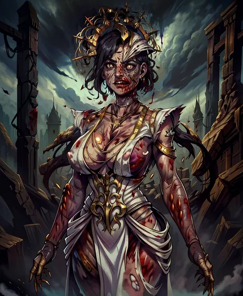 theplague,black hair,white eyes,short hair,
jewelry,necklace,white dress,gold trim,injury,cleavage,covered nipples,
standing,upper body,large breasts,large helmet,angry,
horror (theme),blood,decay,flesh,exposed flesh,scar on face,
night,temple,
(insanely d...
