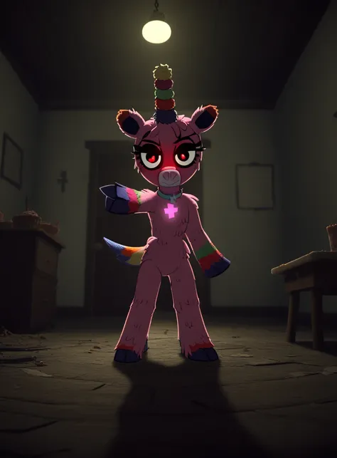 A cartoon screencap of My Little Pony Friendship is Magic. (SCP-956:1.2) in a dimly lit abandoned schoolhouse. She is staring at the viewer with glowing eyes. There is a cake knife nearby on the floor. pink (pinata:1.2), animal, solo, (unicorn:0.7), hooves...