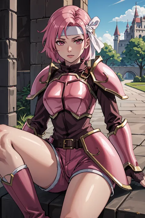 body bridge,character focus,cross-eyed,<lora:cecilV3:0.9>,cecil,armor, dark pink hair,white headband,armored boots, shoulder armor,fingerless gloves, pauldrons, gauntlets, breastplate,knee boots, greaves, pink shorts,thighs,faulds,castle gate, outdoors,(ma...