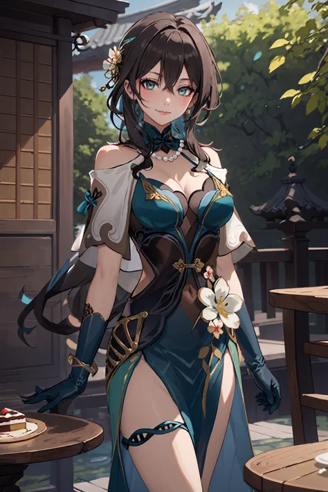 1girl, ruan mei (honkai: star rail), solo, china dress, green gloves, hair ornament, detached collar, necklace, capelet, thigh strap, cowboy shot, standing, hand in own hair, floating hair, looking at viewer, light smile, garden, east asian architecture, o...