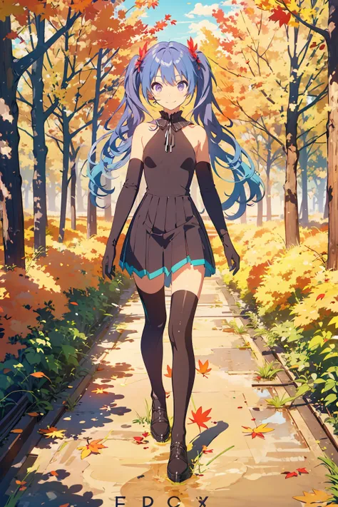 1girl,solo,full body,looking at viewer,long hair,hatsune miku,twintails,very long hair,(black dress:1.1),<lora:GhostRuleV1:0.6>,neck ribbon,elbow gloves,black black gloves,black thighhighs,blue hair,purple hair,purple eyes,(autumn maple forest:1.3),(very f...