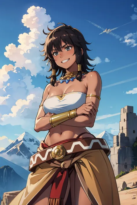 masterpiece, best quality, <lora:tiona-nvwls-v1-000009:0.9> tiona hiryute, dark skin, necklace, white bandeau, belt, sarong, bracer, cowboy shot, grin, crossed arms, furrowed brow, sky, clouds, mountains, from below