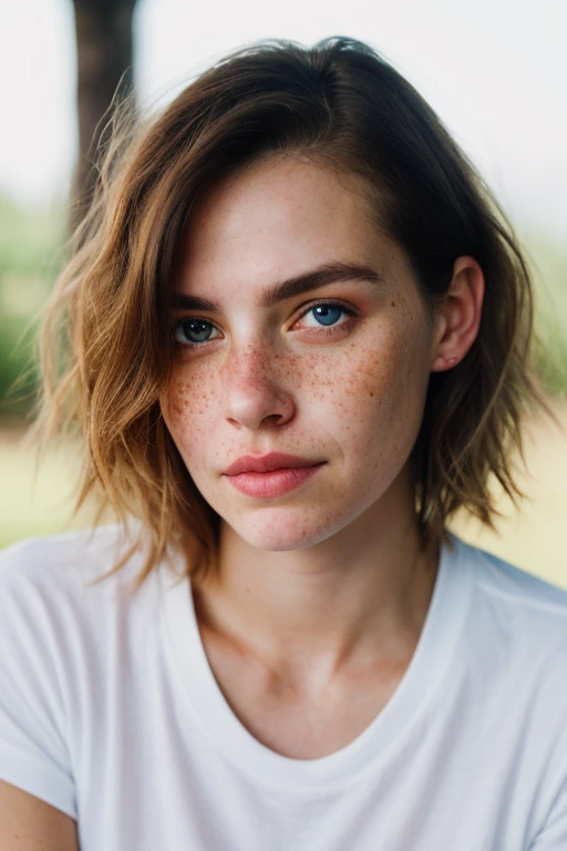 detailed and realistic portrait of a woman with a few freckles,round eyes and short messy hair shot outside,wearing a white t shirt,staring at camera,chapped lips,soft natural lighting,portrait photography,magical photography,dramatic lighting,photo realis...