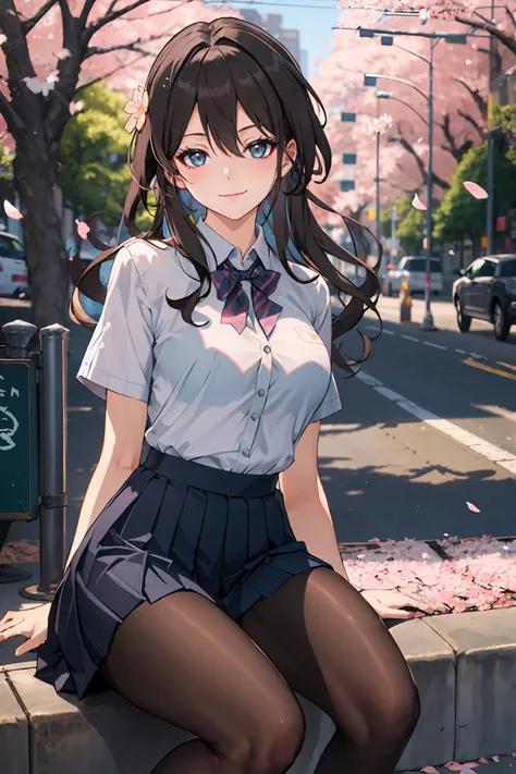 1girl, ruan mei (honkai: star rail), hair ornament, solo, school uniform, white shirt, sweater, pleated skirt, pantyhose, light smile, looking at viewer, outdoors, street, cherry blossoms, petals, depth of field, masterpiece