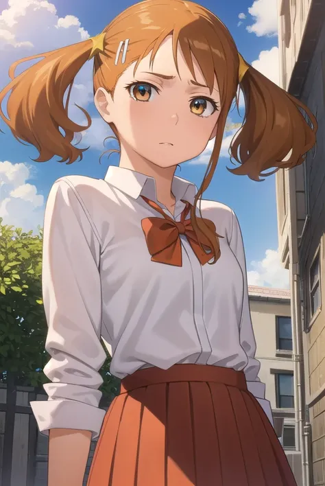 narukoanjou, <lora:naruko anjou s1-lora-nochekaiser:1>,
naruko anjou, orange hair, twintails, (brown eyes:1.7), hair ornament, star ornament, hair clip,
BREAK skirt, bow, school uniform, sleeves rolled up, red bowtie, shirt, white shirt, collared shirt, (r...