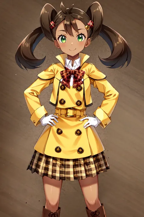 solo,  shauna,  green eyes,  dark skin,  yellow coat,  long sleeves,  plaid skirt,  brown skirt,  white gloves,  hair ornament,  brown boots, cowboy shot,  hands on hips,  smile,<lora:EMS-255949-EMS:0.600000>