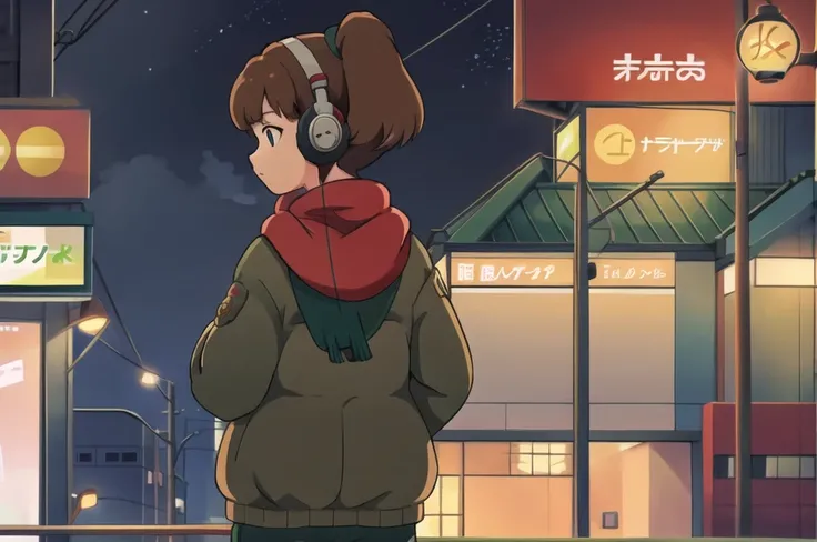 <lora:LofiGirlv2:.8>, 1girl, solo,from behind,looking up, brown_hair,ponytail,headphones,green coat,blue pants,red scarf, outdoors,akihabara (tokyo)