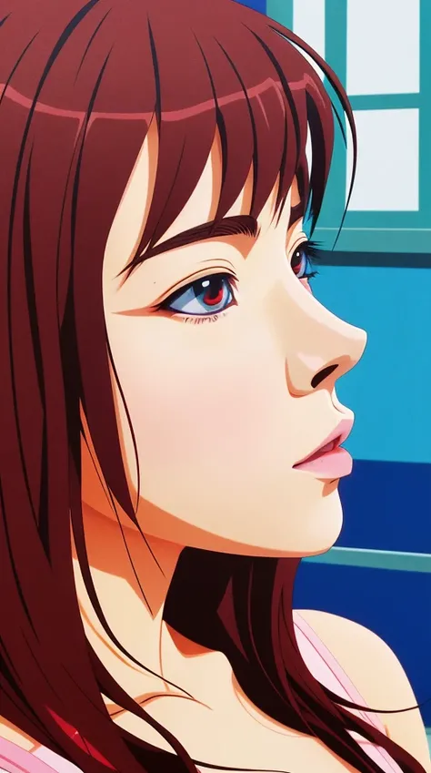 GTv2,anime,illustration,portrait of a pretty woman,walking through the city,close-up,intricate shading and color gradients,