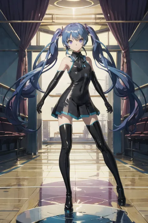 1girl,solo,full body,looking at viewer,long hair,hatsune miku,dance,twintails,very long hair,black dress,<lora:GhostRuleV1:0.5>,neck ribbon,elbow gloves,black black gloves,black thighhighs,blue hair,purple hair,purple eyes,(theater:1.2),(Auditorium:1.1),Tr...