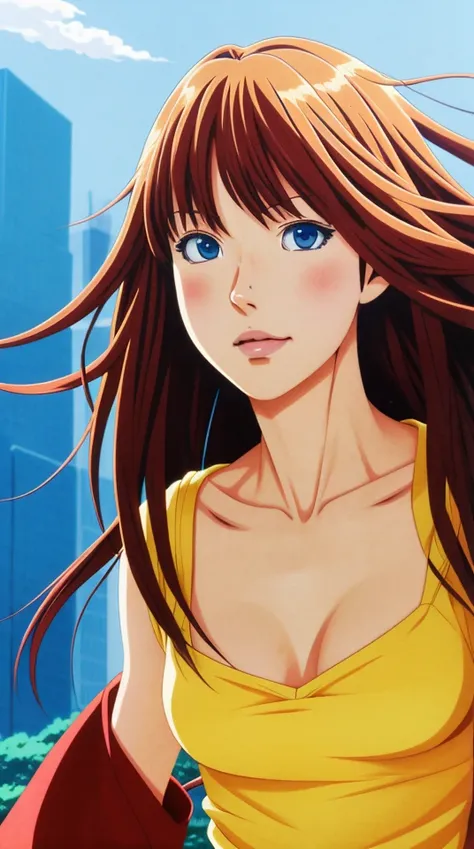 GTv2,anime,illustration,portrait of a pretty woman,walking through the city,close-up,intricate shading and color gradients,