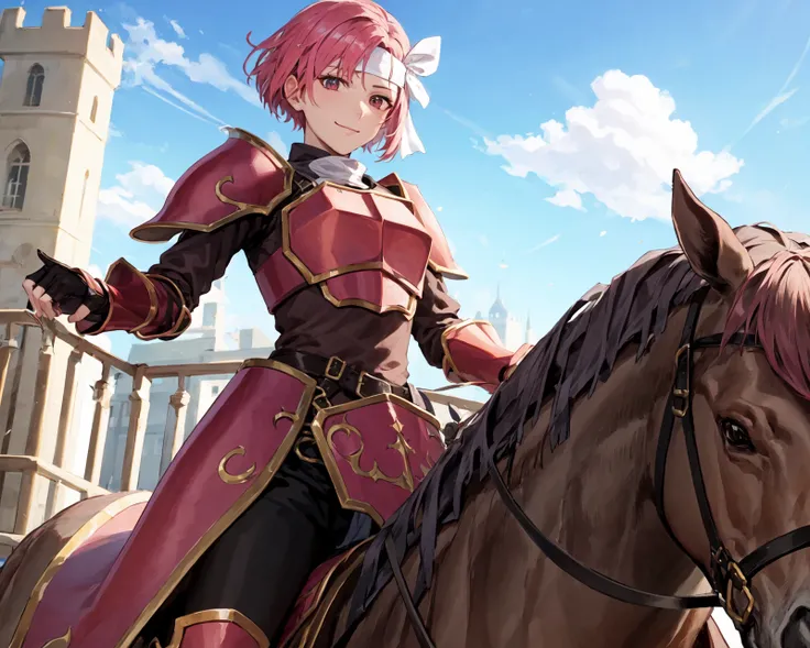 from below,light smile,<lora:cecilV3:0.85>,cecil,,(horse,riding a horse,saddle,reins:1),armor, dark pink hair,white headband,armored boots, shoulder armor,looking at viewer,fingerless gloves, pauldrons, gauntlets, breastplate,knee boots, greaves,black pant...