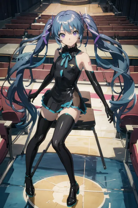 1girl,solo,full body,looking at viewer,long hair,hatsune miku,dance,twintails,very long hair,black dress,<lora:GhostRuleV1:0.5>,neck ribbon,elbow gloves,black black gloves,black thighhighs,blue hair,purple hair,purple eyes,(theater:1.2),(Auditorium:1.1),Tr...