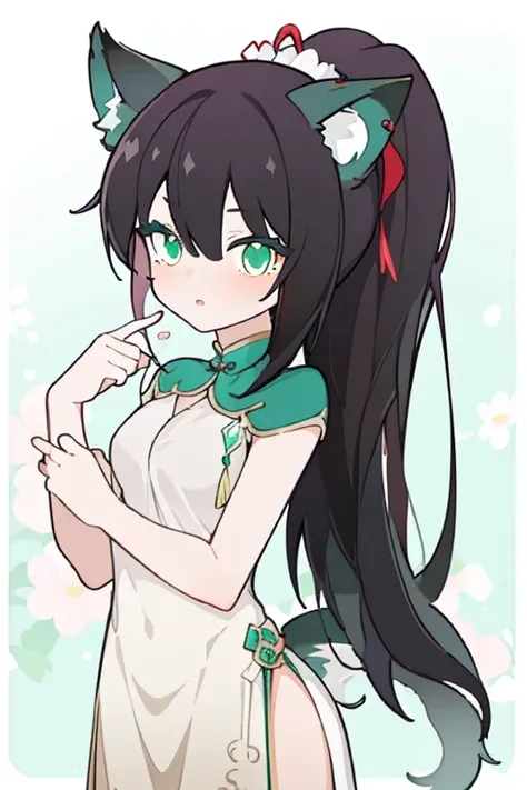 xialuling,1girl,animal ears,nude,completely nude,solo,tail,unsheathing,long hair,green eyes,ponytail,shaded face,looking at viewer,wolf ears,wolf tail,hair ornament,flower,black hair,<lora:xialuling_lion-0000010:0.8>,