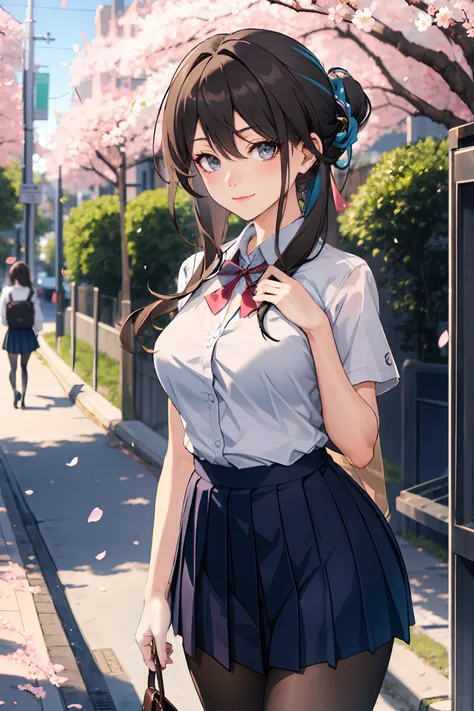 1girl, ruan mei (honkai: star rail), hair ornament, solo, school uniform, white shirt, sweater, pleated skirt, pantyhose, light smile, looking at viewer, outdoors, street, cherry blossoms, petals, depth of field, masterpiece