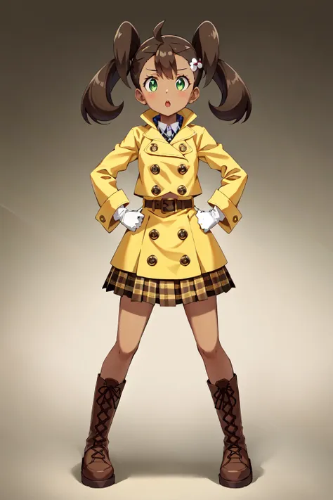 solo,  shauna,  green eyes,  dark skin,  yellow coat,  long sleeves,  plaid skirt,  brown skirt,  white gloves,  brown boots,  h...