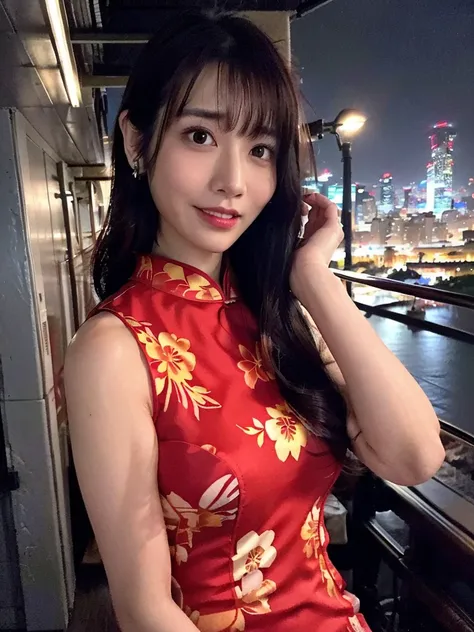 1girl,  (wearing a  sleeveless red silk floral print cheongsam:1.2), ride motorcycle,(in tokyo city:1.2),(RAW photo, best quality), (realistic, photo-realistic:1.4), masterpiece, an extremely delicate and beautiful, extremely detailed, 2k wallpaper, Amazin...