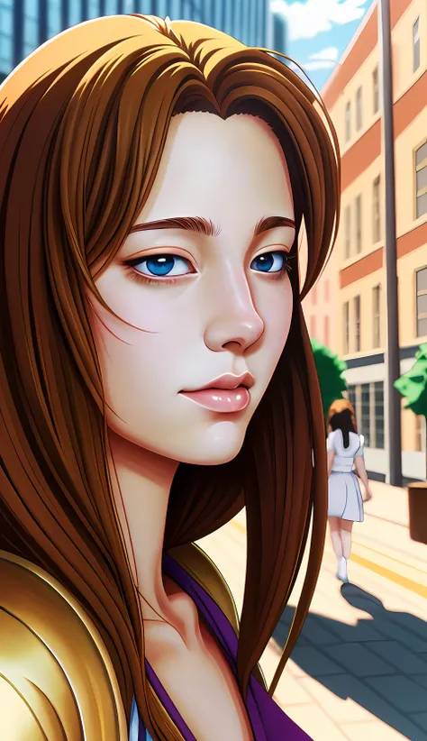goldentrig,portrait of a pretty woman,walking through the city,close-up,anime,illustrated,intricate shading and color gradients,