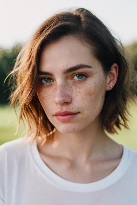goldentrig,detailed and realistic portrait of a woman with a few freckles,round eyes and short messy hair shot outside,wearing a white t shirt,staring at camera,chapped lips,soft natural lighting,portrait photography,magical photography,dramatic lighting,p...